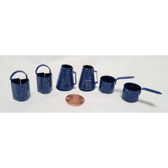 Vintage Lot of 22 Miniature Blue Enamel Speckled Design Dollhouse Kitchenware - Picture 3 of 9